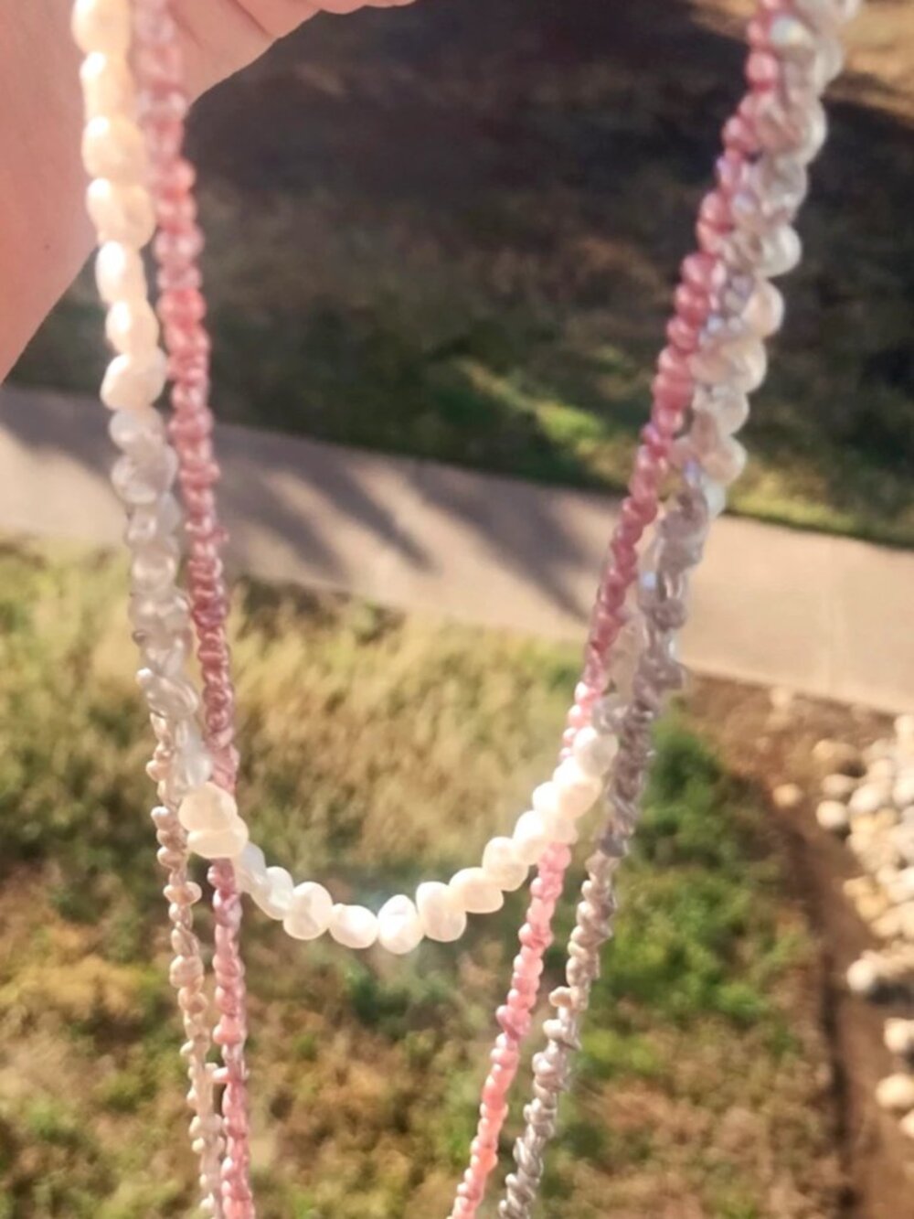 VTG Freshwater Pearl Colorful 3-Strand Long Layered 14K Necklace Pink Gray White